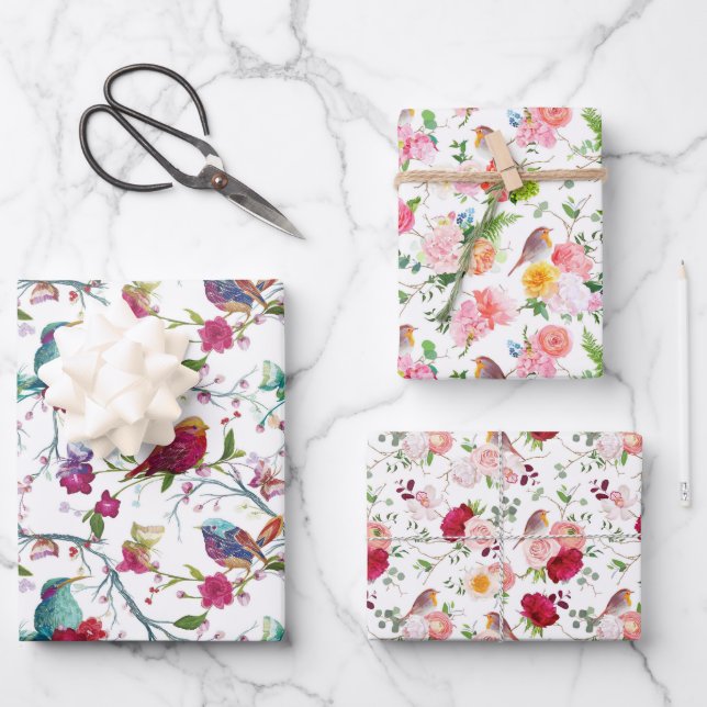 Feuille De Papier Cadeau Oiseaux et fleurs (Recto)