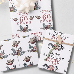 Feuille De Papier Cadeau Oiseaux et fleurs à l'année Anniversaire
