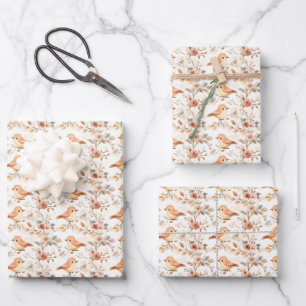 Feuille De Papier Cadeau Oiseaux et fleurs à l'aquarelle sur fond blanc