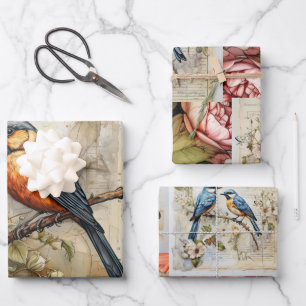Feuille De Papier Cadeau Oiseaux et fleurs mignons Inspiré Vintage