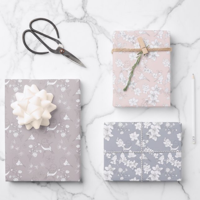 Feuille De Papier Cadeau Oiseaux et fleurs pastel (Recto)