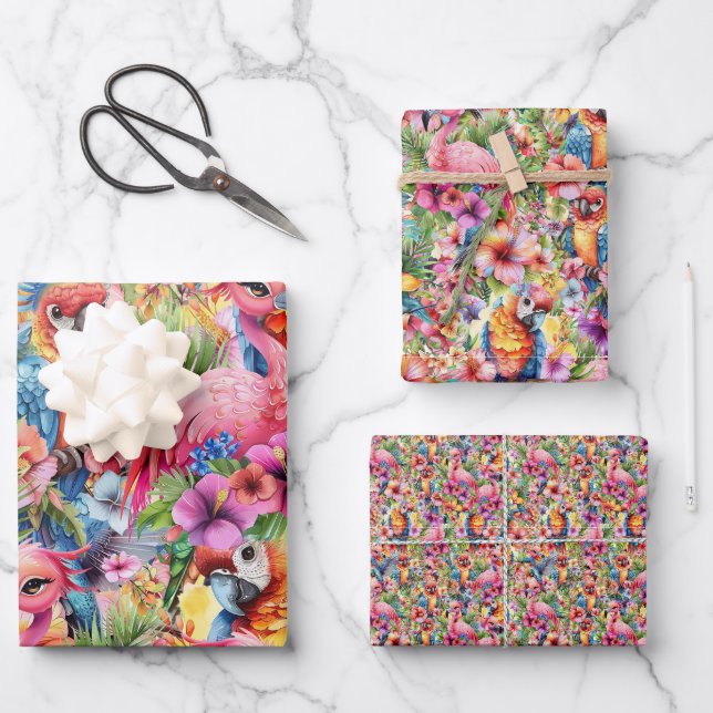 Feuille De Papier Cadeau Oiseaux et fleurs tropicaux (Recto)