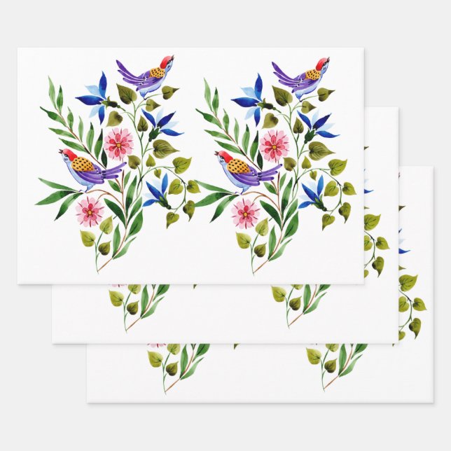 Feuille De Papier Cadeau Oiseaux Fleurs Aquarelle Fête des mariées d'annive (Lot)