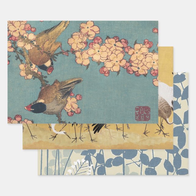 Feuille De Papier Cadeau Oiseaux Fleurs Hokusai Art Japonais (Lot)