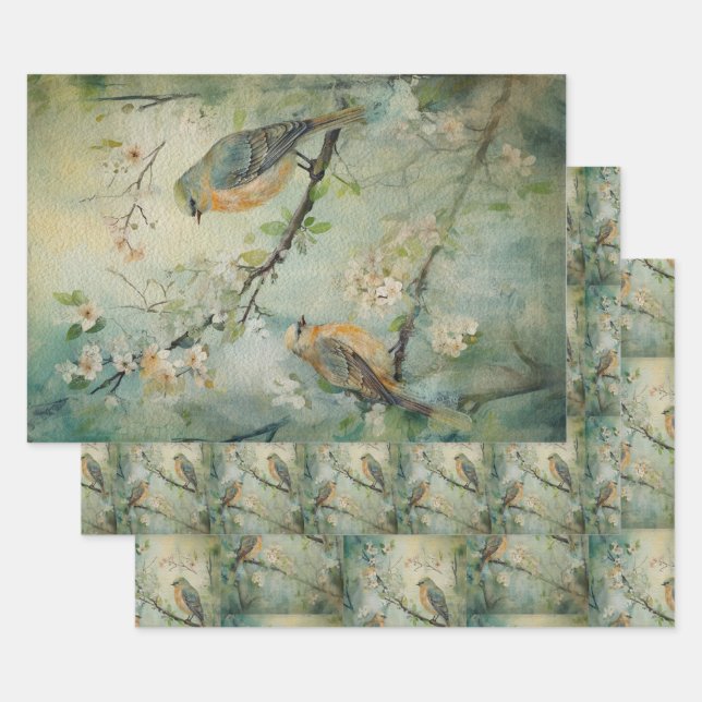 Feuille De Papier Cadeau Oiseaux forestiers de printemps des terres fécales (Lot)