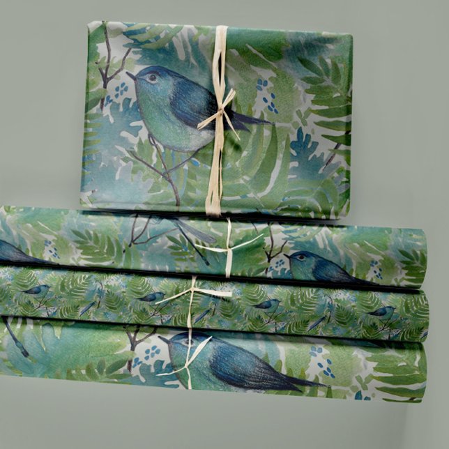 Feuille De Papier Cadeau Oiseaux libellules Bleu Fermes Découpage (Elegant Birds Blue Fern Plants Floral Wrapping Paper Sheets from Studio Posies.)