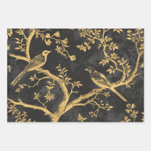 Feuille De Papier Cadeau Oiseaux noirs et dorés élégants