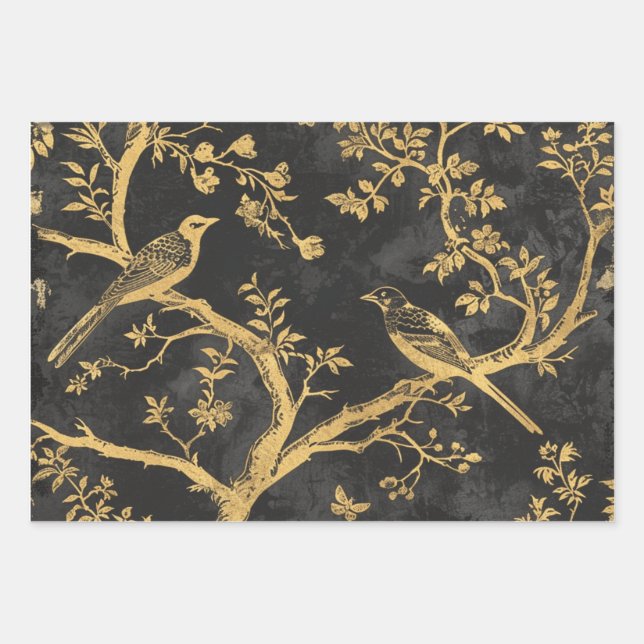 Feuille De Papier Cadeau Oiseaux noirs et dorés élégants (Devant)