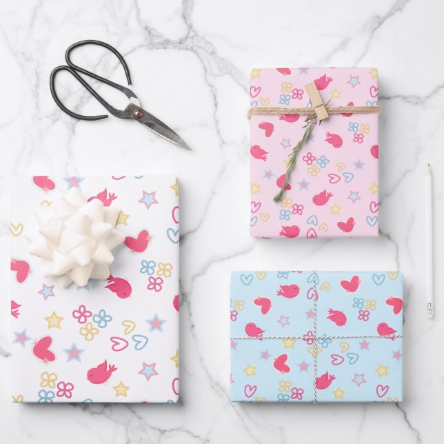 Feuille De Papier Cadeau Oiseaux roses et Coeurs d'Amour (Recto)