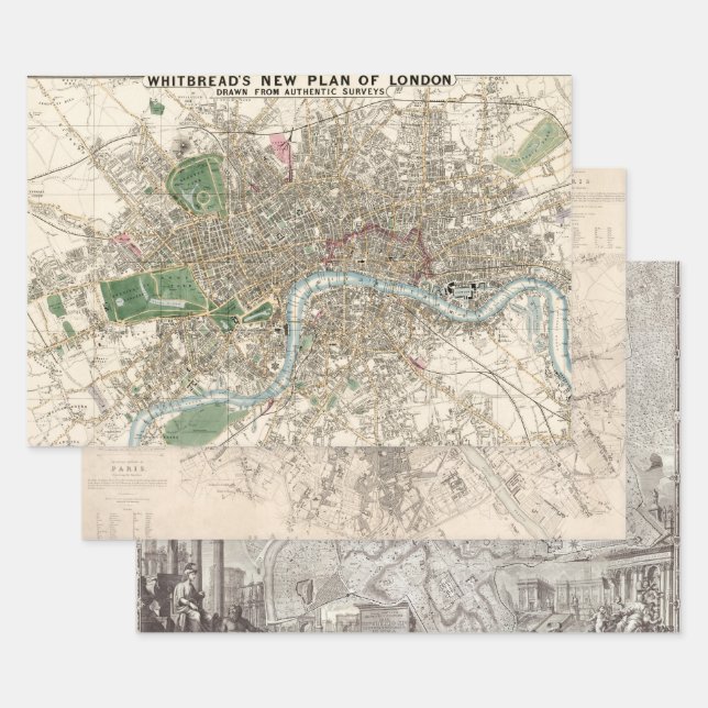 Feuille De Papier Cadeau Old Maps Londres Paris Rome Grandes Villes (Lot)