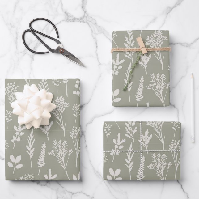 Feuille De Papier Cadeau Olive Green Plantes et Herbes Motif Floral Cadeau (Recto)