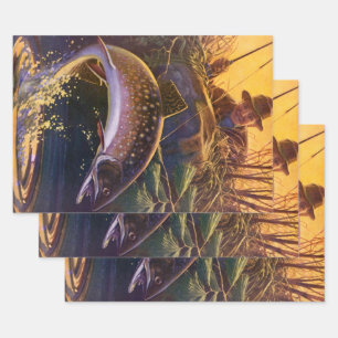 Feuille De Papier Cadeau Ombre Fario Poisson Pêcheur, Pêche Sportive Vintag