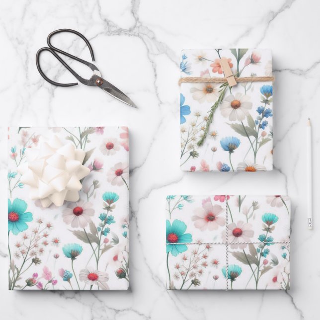 Feuille De Papier Cadeau Ombre fleur sauvage blanc, vert, bleu (Recto)