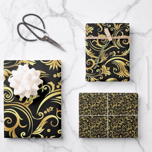 Feuille De Papier Cadeau Onyx noir et or (Recto)