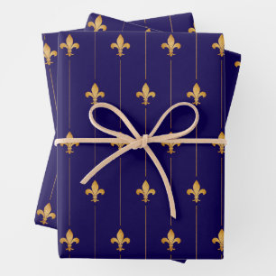 Feuille De Papier Cadeau Or antique Fleur de Lis Bleu foncé