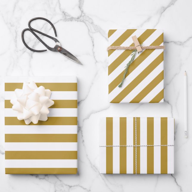 Feuille De Papier Cadeau Or de Noël & rayé blanc (Recto)