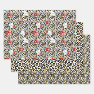 Feuille De Papier Cadeau Or Empreinte de léopard Rouge Blanc Floral
