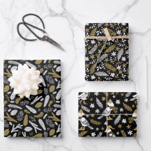 Feuille De Papier Cadeau Or Noir Hiver Botaniques Oiseaux Noël 