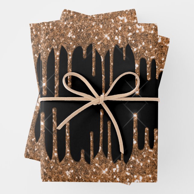 Feuille De Papier Cadeau Or noir pailleté gouttes de luxe féminin (En situation)
