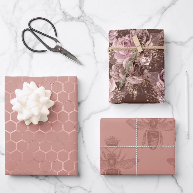 Feuille De Papier Cadeau Or rose abeilles et floral (Recto)
