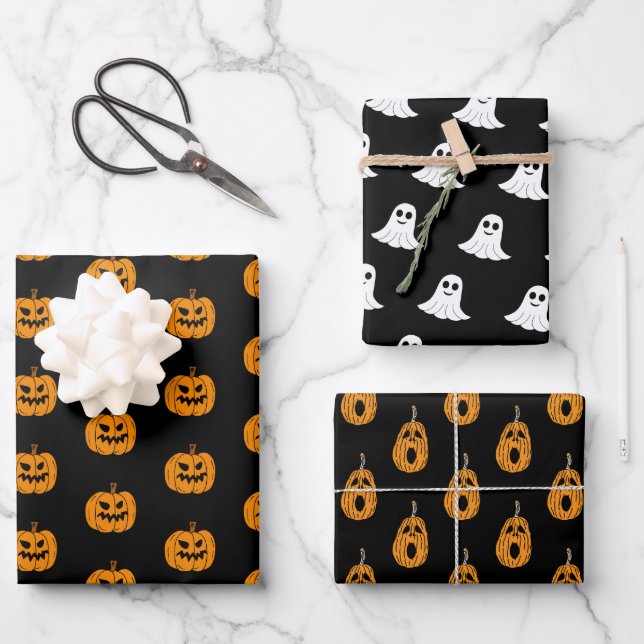 Feuille De Papier Cadeau Orange Black Halloween Ghost et Jack-o'-lantern (Recto)