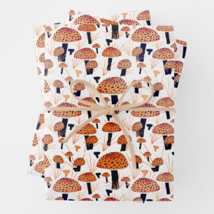 Feuille De Papier Cadeau Orange Champignons Automne Motif d'automne