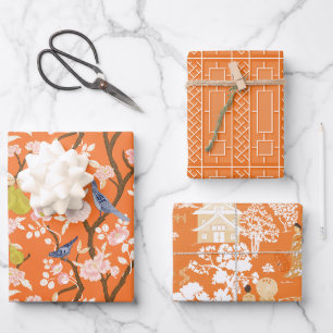 Feuille De Papier Cadeau Orange Chinoiserie Oiseaux et pagodes