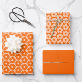Feuille De Papier Cadeau Orange et Pêche Retro 60s Motif Floral Wrappin