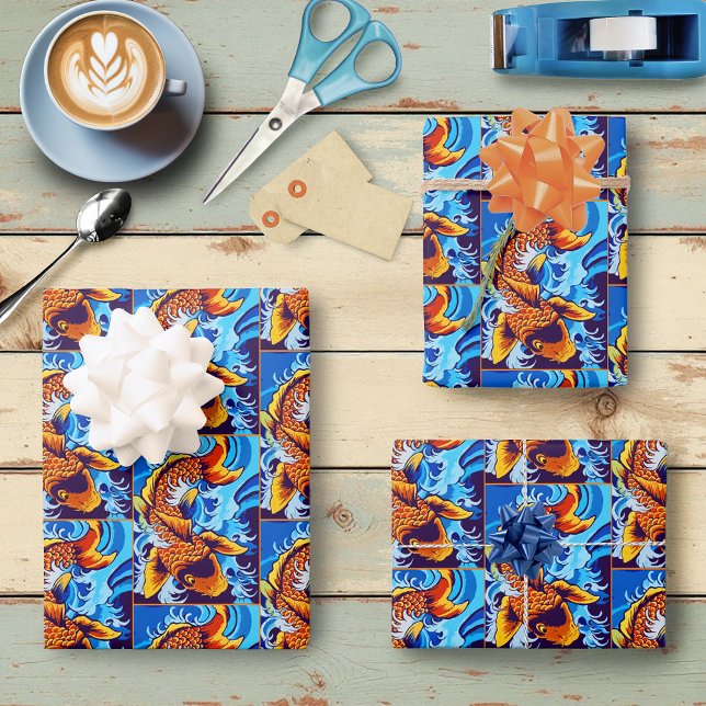 Feuille De Papier Cadeau Orange Koi Ish Bleu (Créateur téléchargé)