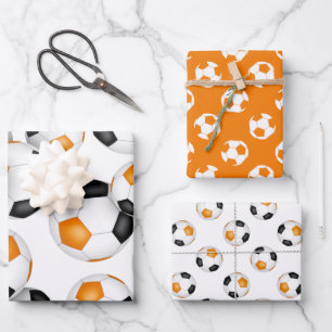 Feuille De Papier Cadeau orange noir équipe couleurs soccer 3 pc variété