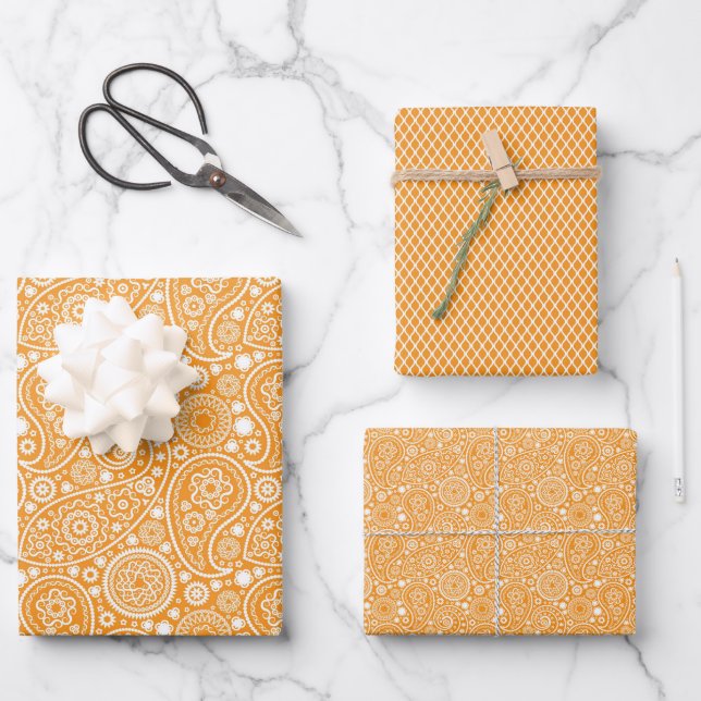 Feuille De Papier Cadeau Orange Retro Paisley (Recto)