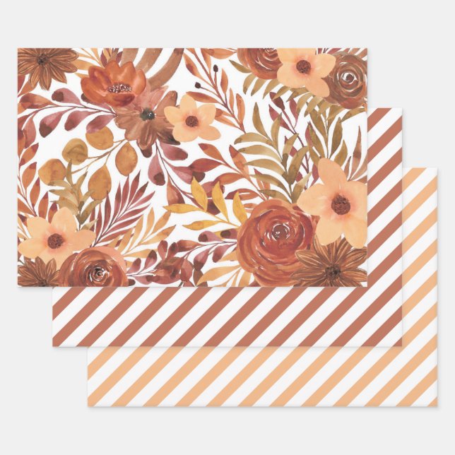 Feuille De Papier Cadeau Orange rouille Automne Aquarelle Automne Floral (Lot)