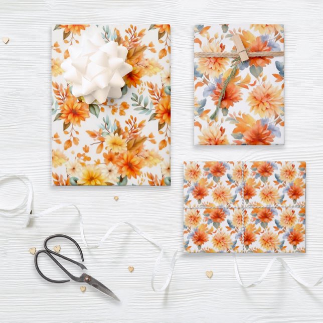 Feuille De Papier Cadeau Orange rustique et floral jaune (A set of coordinated burnt orange and gold floral gift wrap sheets that are great for any occasion.)