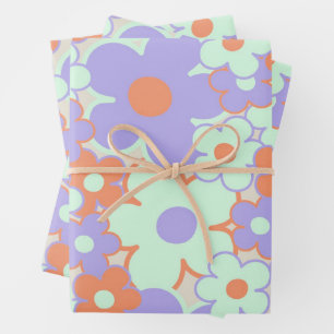 Feuille De Papier Cadeau Orange violet bleu rétro Y2K les années 70 Fleur M