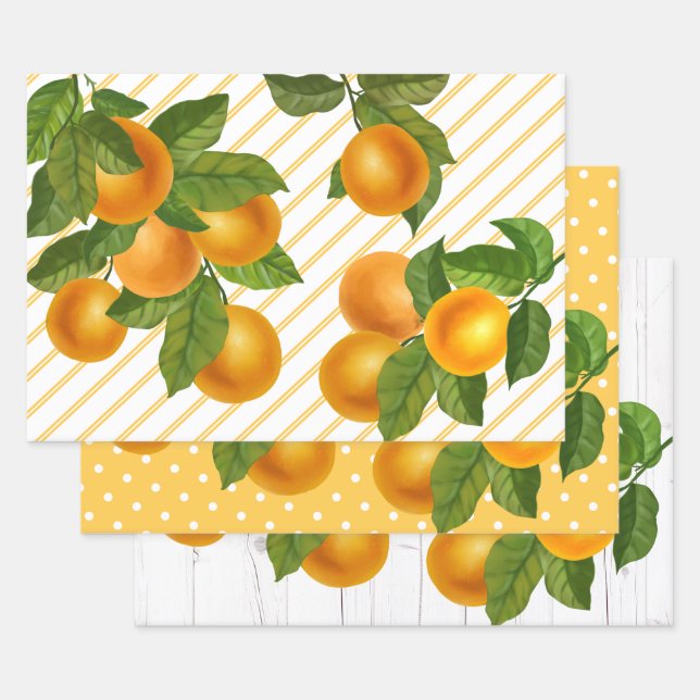 Feuille De Papier Cadeau Oranges d'agrumes frais rustique aquarelle de pays (Lot)