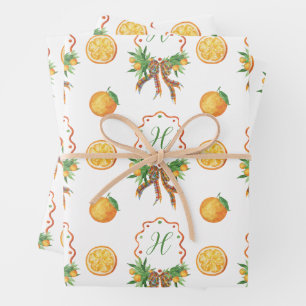 Feuille De Papier Cadeau Oranges d'aquarelle Plaid Bow Monogramme de Noël