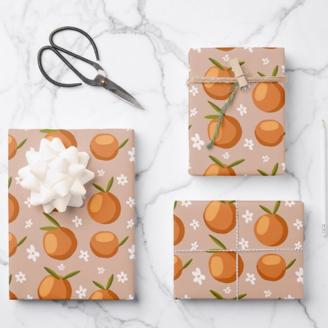 Feuille De Papier Cadeau Oranges d'été Fruit petites fleurs blanches Motif (Créateur téléchargé)