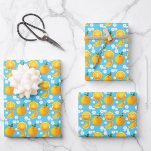 Feuille De Papier Cadeau Oranges mignonnes et fleurs blanches