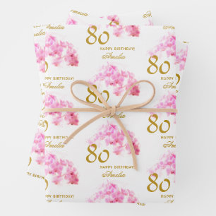 Feuille De Papier Cadeau Orchidée Rose Aquarelle Paillettes Dorées 80e Anni