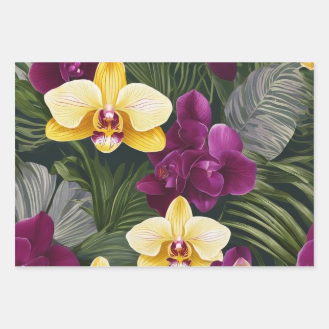 Feuille De Papier Cadeau Orchidées violettes et jaunes vives (Devant)