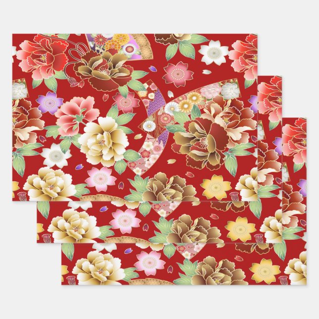 Feuille De Papier Cadeau Oriental Rouge or rose moderne Floral (Lot)