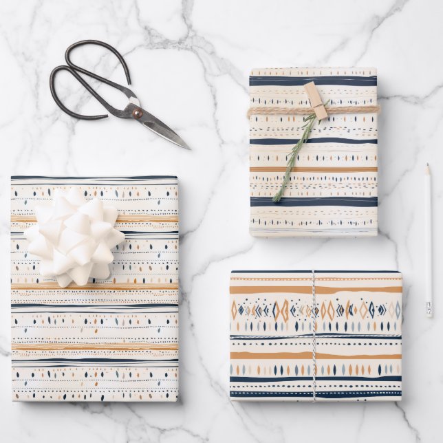 Feuille De Papier Cadeau Originaire Boho marine rouille bandes de terre cui (Recto)