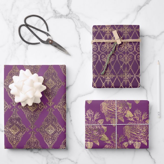 FEUILLE DE PAPIER CADEAU ORNATE PURPLE & OR MOTIFS & FLEURS (Recto)