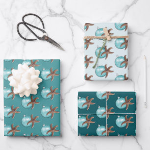 Feuille De Papier Cadeau Ornement bleu étoile Noël Turquoise