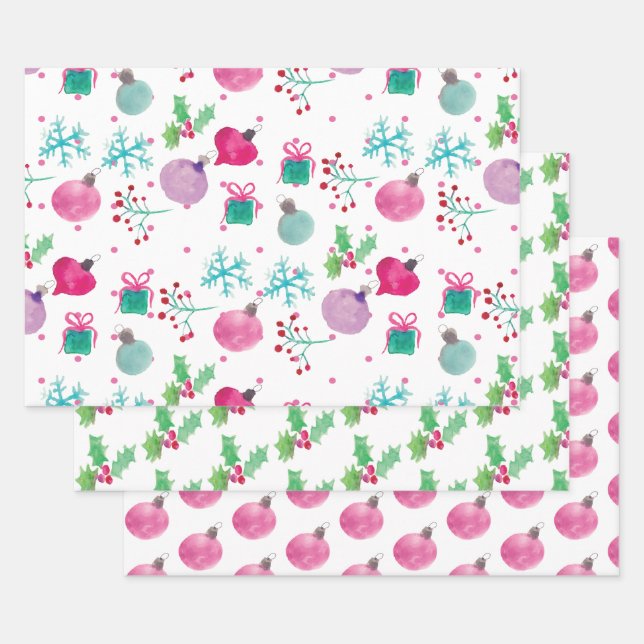 Feuille De Papier Cadeau Ornements de Noël à la main Aquarellés Snowflakes (Lot)