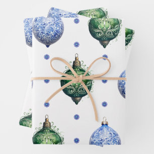 Feuille De Papier Cadeau Ornements de Noël bleu et vert sur blanc