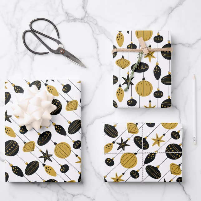 Feuille De Papier Cadeau Ornements de Noël en Or Noir (Recto)