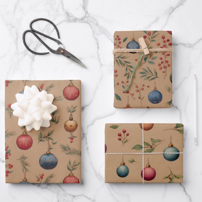 Feuille De Papier Cadeau Ornements de Noël Marron  (Recto)