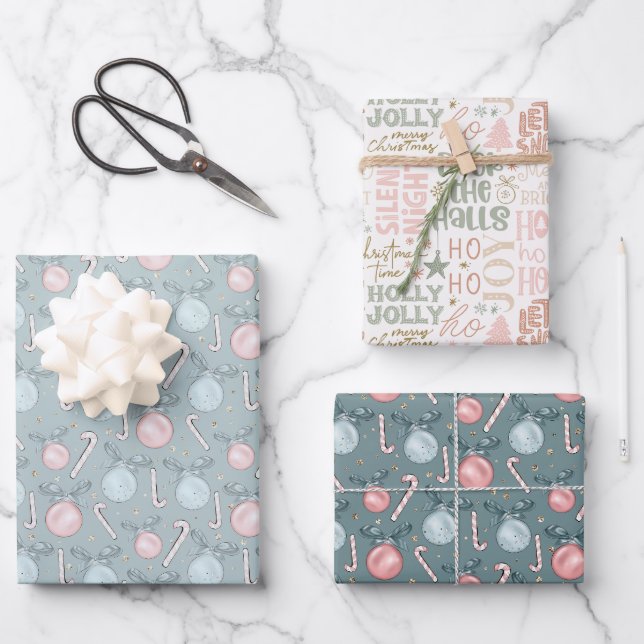 Feuille De Papier Cadeau Ornements de Noël Sucres de canne Mot Art Noël (Recto)