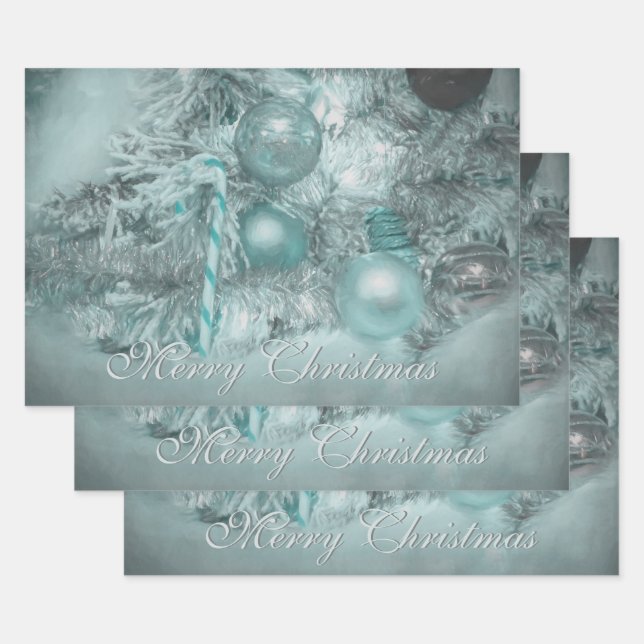 Feuille De Papier Cadeau Ornements Joyeux Noël Turquoise Green Tree Holiday (Lot)